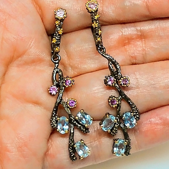 Amethyst and Blue Topaz Sterling Silver Earrings - Picture 1 of 5